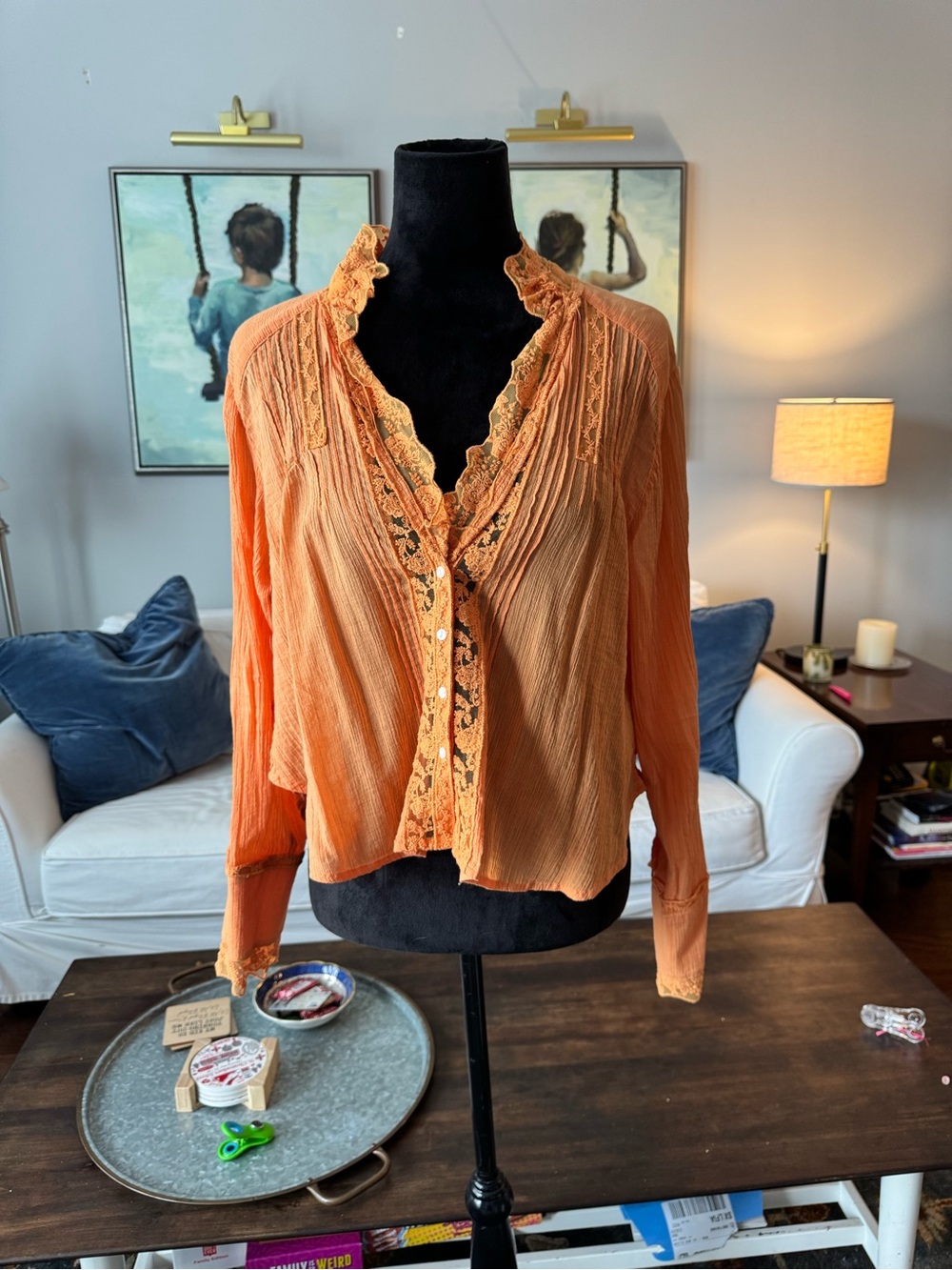 Free People Peach-Orange Lace-Trim Button Blouse